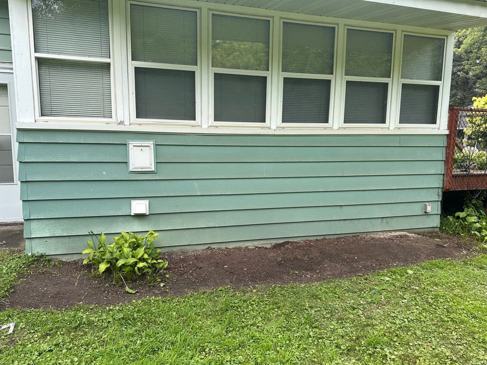 Exterior view of a green house wall with windows, door, and garden area.