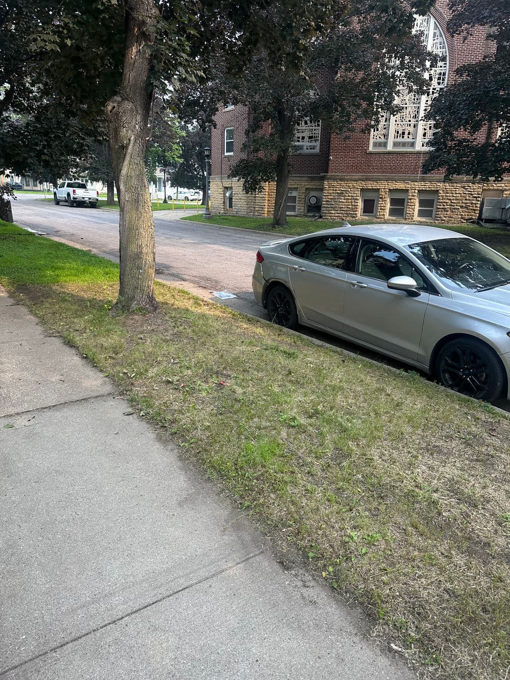 Silver car parked on a grassy curb beside a sidewalk and tree-lined street.