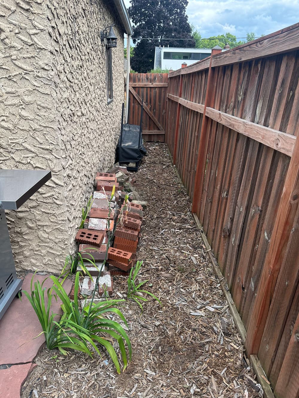 Narrow garden path with bricks, mulch, and a wooden fence beside a house.